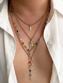 4pcs Set Retro Luxurious Colorful Crystal Y-Necklace, Men's Punk Metal Jesus Cross Pendant Long Necklace Set - Four-piece Necklace Set - View 15
