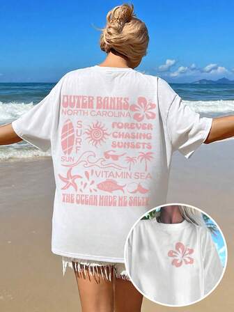 Camiseta de manga corta con cuello redondo para mujer, con estampados casuales de tiburón, ola, chica de coco y floral, de moda y versátil, adecuada para primavera y verano