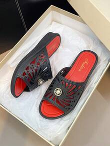 Women's Rhinestone Decor Summer Outdoor Slippers, Fashionable Thick-Soled Indoor/Bathroom Non-Slip House Wedge - Black - View 3