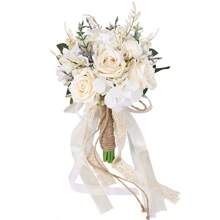 Bride And Bridesmaid Wedding Bouquet, White & Champagne Artificial Rose Wedding Decoration, Artificial Rose Wedding Bouquet, Bridal Bouquet, Bridesmaid Bouquet, Wedding Centerpiece Floral Arrangement, Party Home Decor Gift, Birthday Graduation