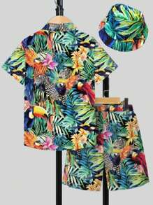 3-Piece Tween Boy Hawaiian Shirt, Hat And Shorts Set With Pockets, Beach Tropical Rainforest Animal Print Pattern, Suitable For Summer Casual And Vacation Wear (Without White T-Shirt)