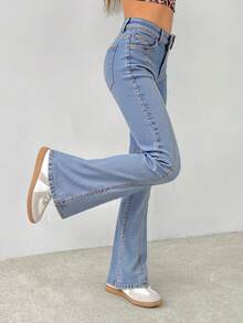 Jeans de bota acampanada para mujer, elegante y casual, tela de algodón y poliéster, ideal para primavera, verano y otoño, bolsillos funcionales, ajuste de cintura natural con ojales para cinturón. - Azul claro - Ver 4