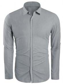 Runcati Mens Button Down Shirt Linen Cotton Shirts Casual Long Sleeve Spread Collar Lightweight Beach Plain Tops - 灰色 - 查看 6