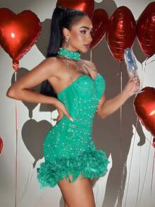 NIKBK Halloween Night Out Homecoming DressesHalter Artificial Feather Rhinestones Pearls Decoration Mini Bodysuit Jumpsuit Easter Rave Concert Cocktail Party Prom Dress BodyCon Mini Dress Women Club Outfits Clothing Festival Formal Dresses For Women Vestidos Elegant Es De Mujer Prom Cocktail Party Graduation Outfits July 131th Glamorous Weeding Guest Bridesmaid Graduation Gown For Father's Day, Independence Day, Pride Month