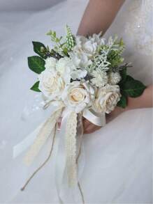 Bride And Bridesmaid Wedding Bouquet, White & Champagne Artificial Rose Wedding Decoration, Artificial Rose Wedding Bouquet, Bridal Bouquet, Bridesmaid Bouquet, Wedding Centerpiece Floral Arrangement, Party Home Decor Gift, Birthday Graduation