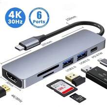 USB C Hub 6 In 1 Type C 3.1 To 4K Adapter With SD/TF Card Reader PD Fast Charge 2.0/3.0 Data Transfer Port USB Flash Drive Socket Compact And Portable Carry On Business Trips For Laptop Computer PC Android Phone Tablet
