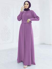 Váy xếp ly lưng dài đơn giản cho phụ nữ Hồi giáo Ramadan - Màu tím - Xem 4