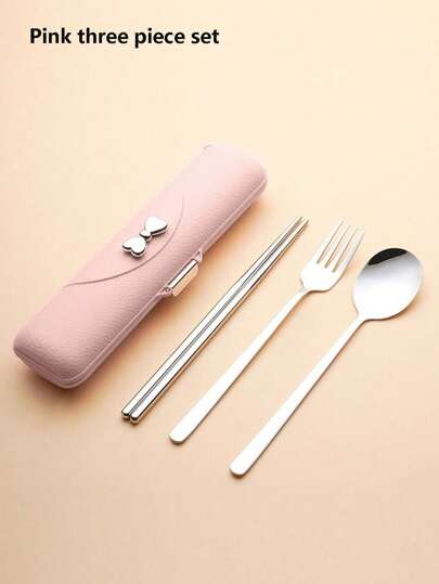 1Set Portable Knife Fork Spoon Cutlery Set, Stainless Steel Piece Cutlery Set, Set Portable Camping Reusable Cutlery, Includes Fork Spoon Chopsticks With Box, Suitable For Picnic Camping Family Travelling Work Outdoor, Holiday Gift School Supplies,Back To School