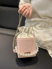 Mini Embossed Crocodile Skin Drawstring Acrylic Box, Fashion Drawstring Closure Pearl Handbag - Pink - View 4