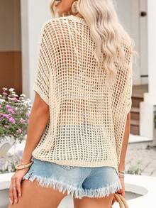 Women's Summer Mesh Knit Ribbed Crew Neck Short Sleeve Sweater T-Shirt Vacation Beach - Apricot - View 2