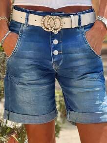 Women's Solid Color Rolled Hem Fitted Elegant Buttoned Front 5-Inch Denim Shorts, Summer