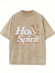Holy Spirit Printed T-Shirt, 230g Washed, High-Quality Wax Printed Cotton Retro Fashion Brand T-Shirt, Suitable For Summer T-Shirts With A Certain Thickness, Holiday Gift - 卡其色 - 查看 1