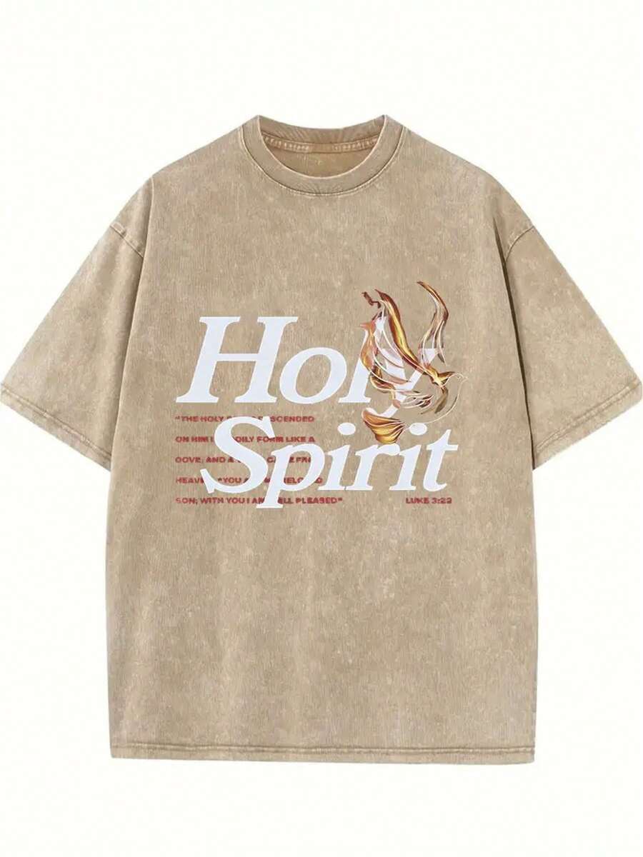 Holy Spirit Printed T-Shirt, 230g Washed, High-Quality Wax Printed Cotton Retro Fashion Brand T-Shirt, Suitable For Summer T-Shirts With A Certain Thickness, Holiday Gift - 卡其色 - 查看 1