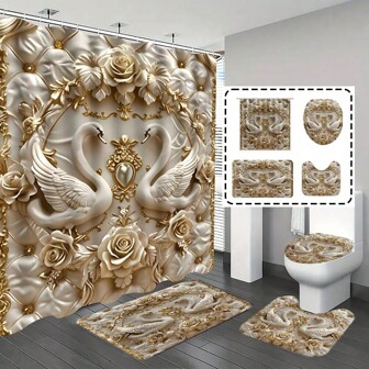 [Popular Choice] 1pc/4pcs Bathroom Curtains Shower Set, Shower Curtain Set, Bathroom Decor, Bath Mat, Home Decor, 3D Floral, Swan Pattern, Seasonal Theme, Classic Minimalist Luxury Bathroom Set With 12 Hooks Fall Decor Bathroom Accessories Back To School
