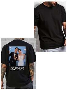 Customized Men's T-Shirt, Input Your Text/Blessing/Funny Text, Upload Photo Of Your Couple/Best Friend/Pet/Scenery, Black T-Shirt, Valentine's Day, Groomsmen Suit, Holiday Gift, Anniversary Gift Contracted, Easy Costume, Modest Fashion, Minimal Chic, Casual Custom, Unique, Personalized Ideal Gifts For Him Family, Boyfriend, Friends, Children - Black - View 3