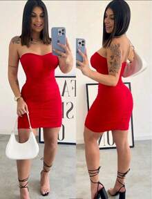 Vestido Curto Drapeado Balada SimplesFestaeleganteMalhaEnrugadoBaladaFesta - Vermelho - Visão 2
