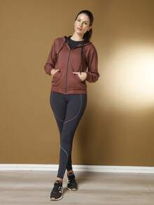 Women's Cold Weather Blouse Sweatshirt Coat With Zipper And Plain Hood Various Colors - 棕色 - 查看 2