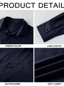 Runcati Mens Button Down Shirt Linen Cotton Shirts Casual Long Sleeve Spread Collar Lightweight Beach Plain Tops - Màu xanh hải quân - Xem 5