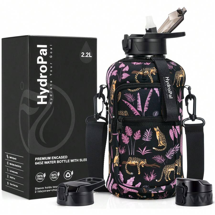 UKEIN Half Gallon Water Bottle With Storage Sleeve, 74oz Large Water Bottle With 2 Lids(Straw Lid And Chug Lid), Big Sports Water Jug For Gym With Strap, Drink Container With Handle - 黑粉 - 查看 1