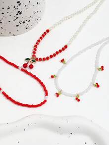 3 件套复古串珠樱桃吊坠项链，百搭甜美米珠和油滴樱桃多层颈链，适合女士 - 彩色 - 查看 2