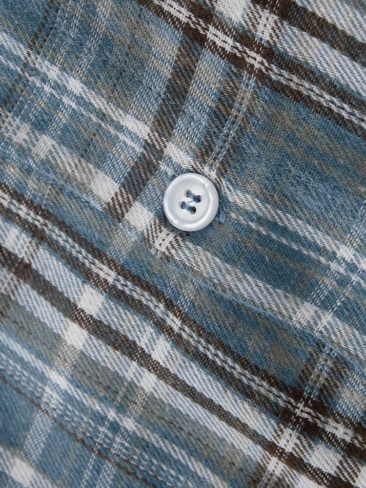 Men Soft & Comfortable Casual Blue & Brown Plaid Long Sleeve Collared Shirt, Spring/Autumn, Fall - Multicolor - View 9