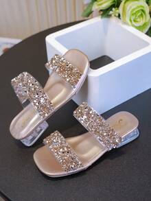 1 双女孩夏季时尚粗跟水钻闪光拖鞋坡跟凉鞋，时尚百搭