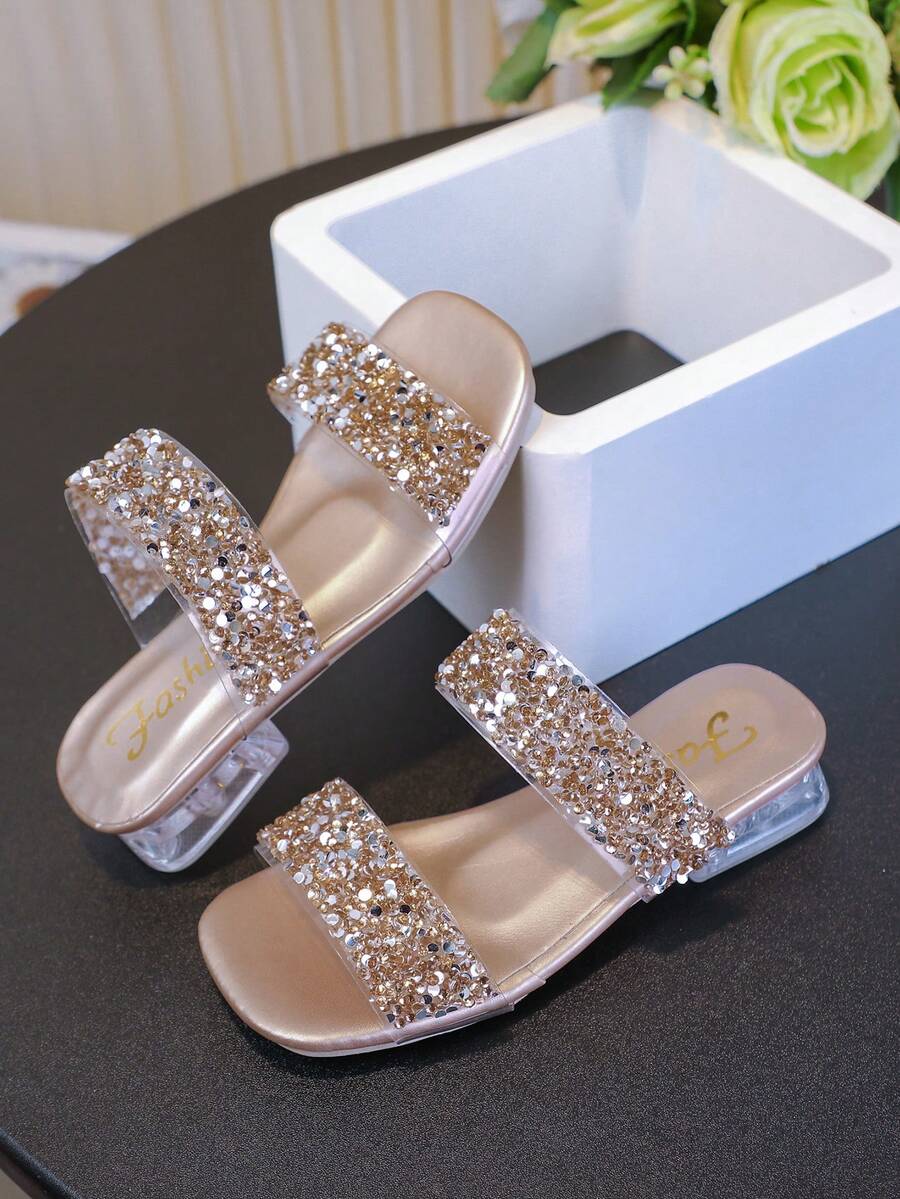 1 双女孩夏季时尚粗跟水钻闪光拖鞋坡跟凉鞋，时尚百搭