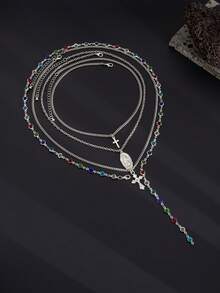 4pcs Set Retro Luxurious Colorful Crystal Y-Necklace, Men's Punk Metal Jesus Cross Pendant Long Necklace Set - Four-piece Necklace Set - View 7