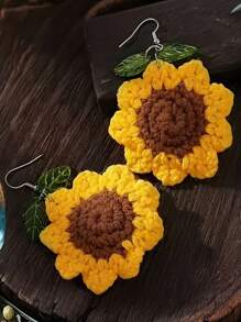 1 Par de Brincos Minimalistas Tricotados com Flor, Girassol e Folha Verde, Design Criativo para Mulheres, Uso Casual