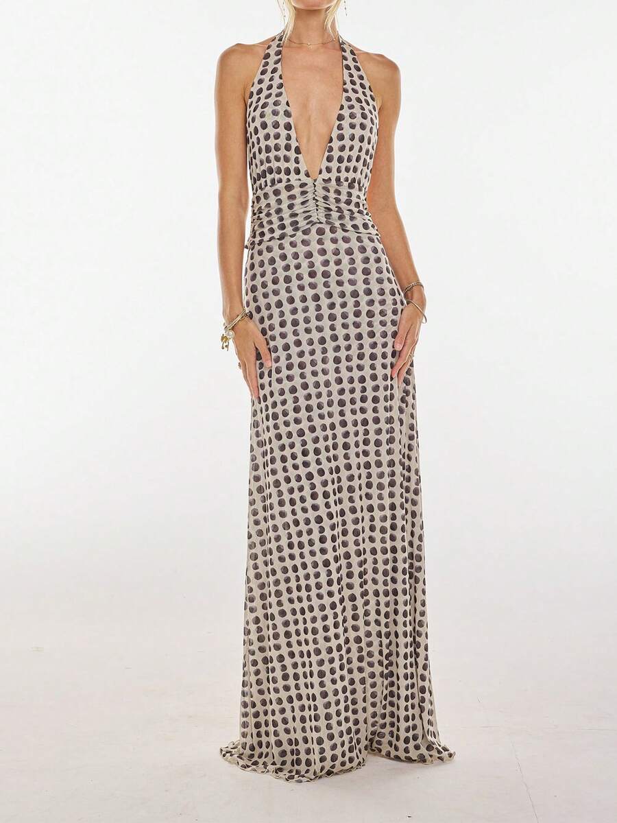 Womens Boho Floral Print Halter Maxi Bodycon Dress Summer Sexy Backless Flowy Long Dresses Beach Vacation Sundress - 黑色 - 查看 1