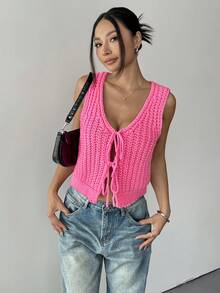 Women's Casual Front Bow Knitted Cardigan, Elegant Versatile For Spring And Summer - Rose Red - View 2