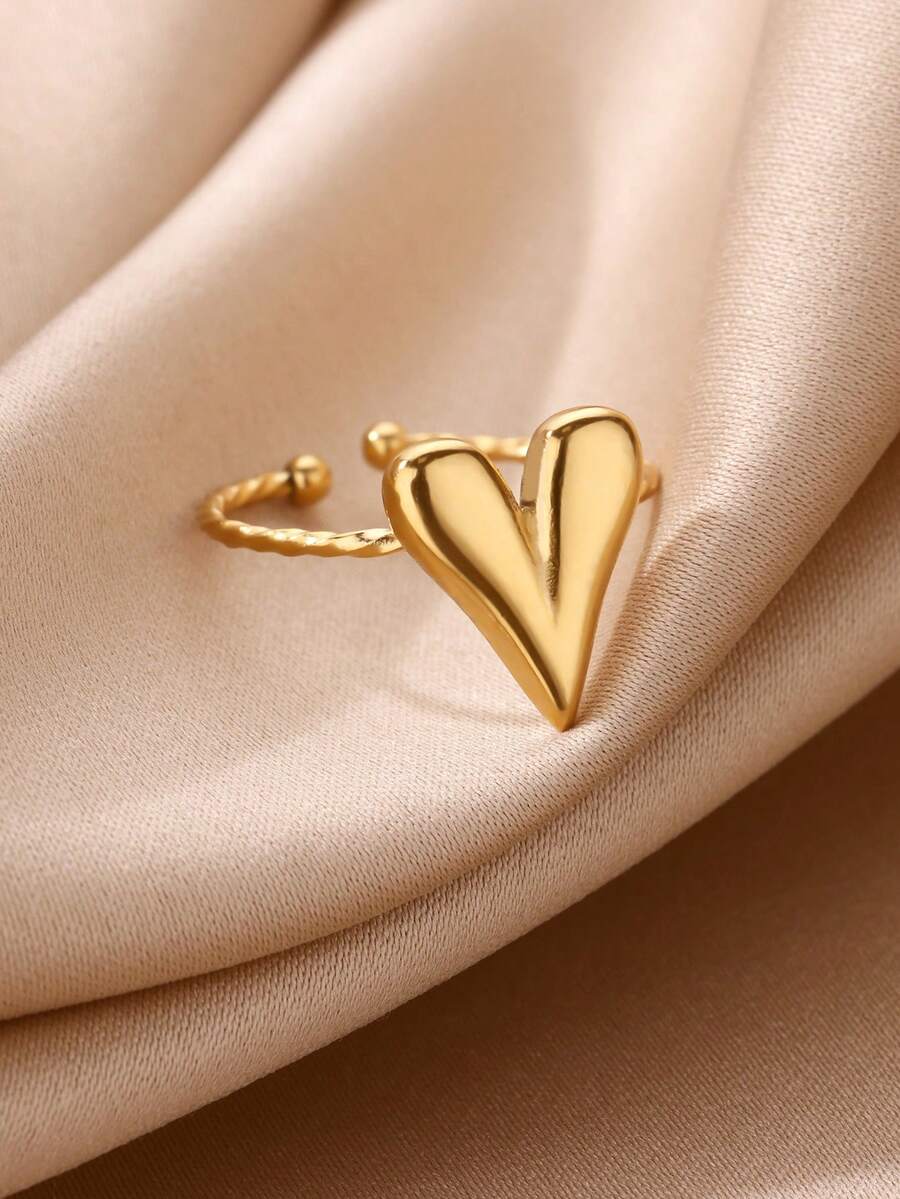Heart-Shaped Twist Open Ring, Stainless Steel Fashion Ring, Heart Ring, Engagement Ring, Wedding Ring, Jewelry Gift For Women, Valentine's Day Gift - Yellow Gold - View 1