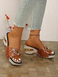 Platform Studded Sandals, Fashion Summer Comfortable Versatile High Heels Sandals For Women, Size 42 - Khaki - View 5