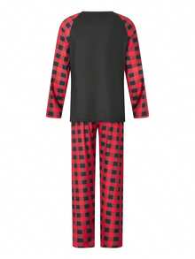 Baby Christmas Parent-Child Outfit, Romper/Letter Print Raglan Long Sleeve Tops And Plaid Pants Sleepwear