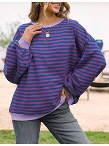 Women's Y2K Oversized Striped Sweatshirt - Long Sleeve Round Neck Color Block Pullover, 2025 Autumn Casual Loose Outfits For Graduation/Back To School/Teacher