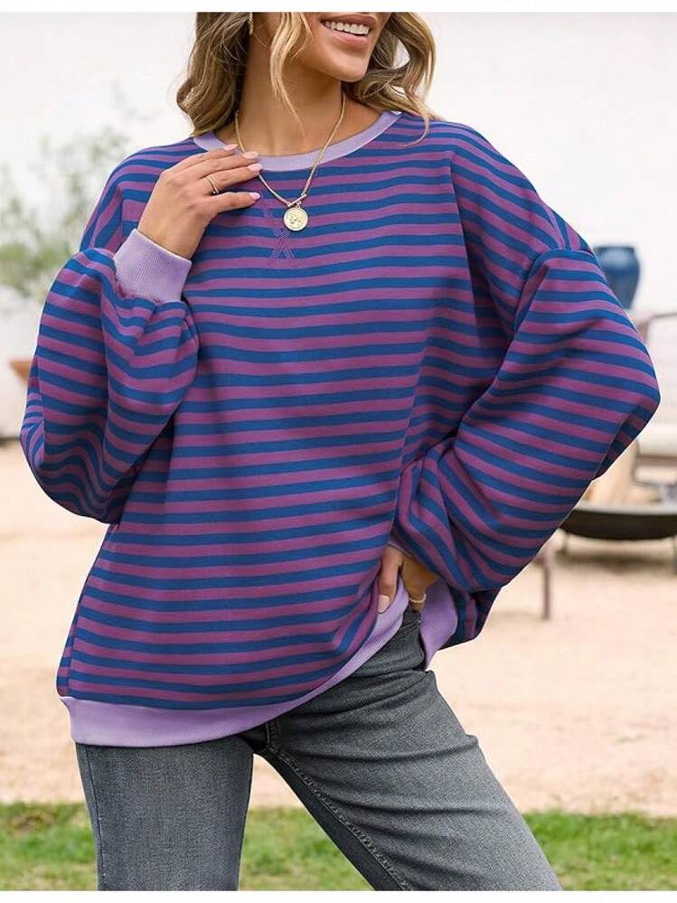 Women's Y2K Oversized Striped Sweatshirt - Long Sleeve Round Neck Color Block Pullover, 2025 Autumn Casual Loose Outfits For Graduation/Back To School/Teacher - Purple Stripe - 查看 8