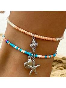 2-6pcs/Set Bohemian Style Starfish & Beaded Braided Anklet For Girls, Ocean Theme, Beach, Seashell,Summer Jewelry,Gold Jewelry Women