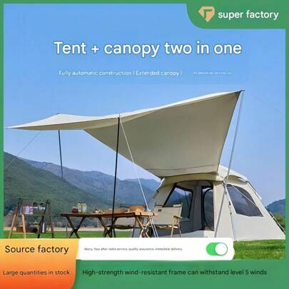 2-In-1 Awning Tent, Outdoor Camping Folding Set, Thickened Oxford Cloth Square Sunshade, Multi-Pole Support + Side Window Ventilation + Waterproof Coa