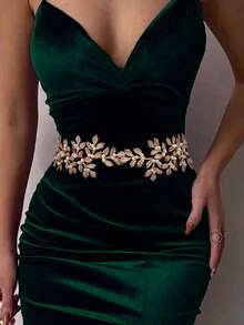 1件奢华新娘金叶腰带，时尚婚纱仿珍珠腰带配饰，情人节配饰 - 金色 - 查看 7