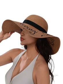 2pcs/Set Women's Khaki Wave Straw Sun Hat & Crossbody Straw Tote Bag, Suitable For Daily, Beach, Travel Women Solid Boho Straw Hat For Vacation Fashionable Women's Spring/Summer Beach Hat With Wide Brim, Sun Protection, And Personalized Woven Straw Hat For Travel And Vacation Bow - Hats and Bags - View 10