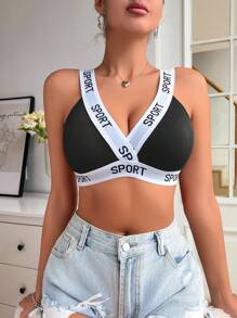 Set de 5 sujetadores deportivos de apoyo medio, con letras estampadas, de tela de costilla, cómodos y de moda casual para mujeres