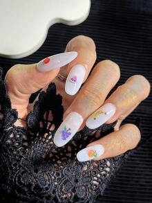 Set de 10 uñas postizas ovaladas francesas hechas a mano, con diseño de arte de frutas de colores, contraste de color 3D, cobertura completa brillante, uñas falsas DIY, suministros de arte de uñas - Multicolor - Ver 2