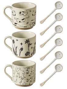 咖啡杯粗陶杯马克杯家用手绘釉下复古创意陶瓷杯古风ins风创意个性复古家用水杯咖啡杯夏季补水复古饮水杯美学办公室补水节日水杯床头水壶办公室补水简约水杯