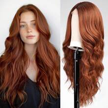 Peluca de encaje frontal, naranja natural, peluca de onda larga europea y americana, adecuada para mujeres, 26 pulgadas, tocado completo de fibra sintética