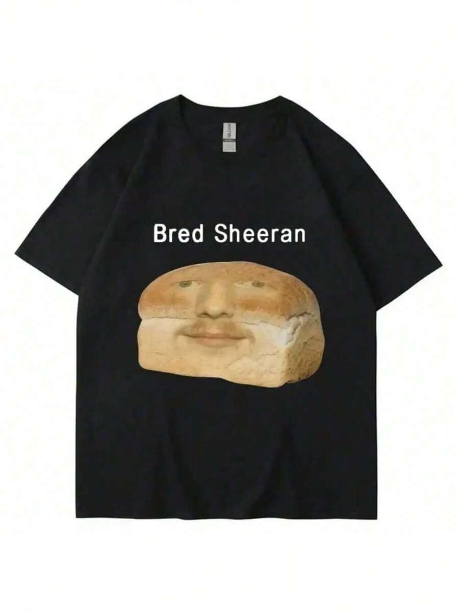 Camiseta con estampado de meme divertido de Ed Sheeran, de manga corta, de humor y creatividad, para uso casual en primavera y verano - Negro - Ver 1