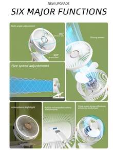 便携式夹式风扇，可充电，720°可调节，带LED灯，小巧桌面风扇，强劲静音，5档风速，USB充电，迷你个人降温风扇，适用于桌面、家庭办公室、婴儿车、露营，是送给女性的绝佳礼物。 - 彩色 - 查看 5