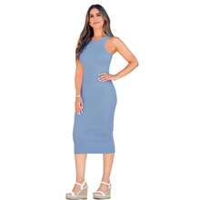 Ropa Vestido Azul Bodycon Halter De Tela Rib, Largo Midi Con Abertura Y Diseño Ajustado - Azul - Ver 2