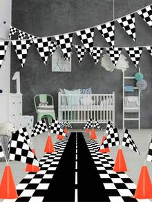 1 Pieza Tapete de mesa de plástico con temática de autos de carreras, Mantel de fiesta de cumpleaños con temática de autos de carreras, Diseño de bandera a cuadros blanco y negro, Decoración de accesorios de pista de carreras, Decoración de fiesta de cumpleaños de carreras, Decoración de eventos deportivos de carreras, Decoración de mesa para el hogar - Blanco y Negro - Ver 6