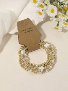 5Pcs/Set Bohemia Golden CCB Beaded Bracelets For Women Artificial Pearls Stackable Stretch Bead Ball Bracelet Cross Jewelry Set Gifts For Woman Teen Girls Valentines Day Jewelry Gifts