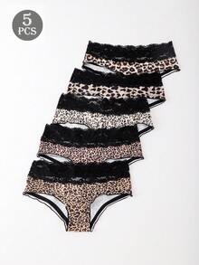 5pcs Black Lace Waistband Sexy Leopard Print Cool Silky Women's Low-Waist Bikini Briefs - Multicolor - View 1